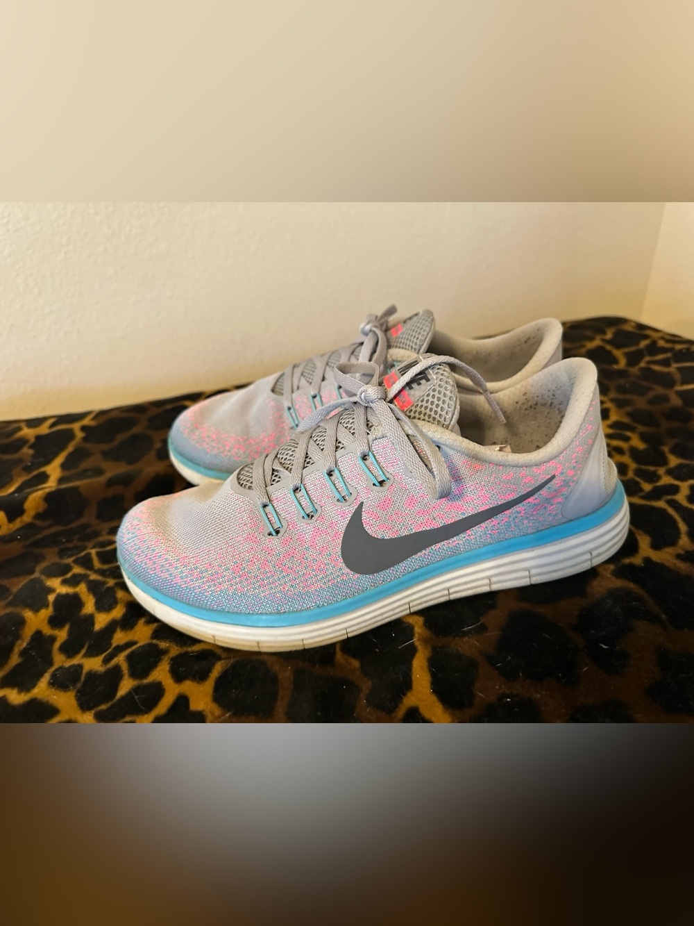 Nike Women's Light Gray, Pink & Blue Knit Running Shoes